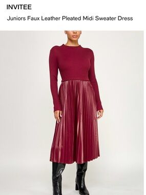 Invitee Junior Faux Leather Pleated MIDI Sweater Dress